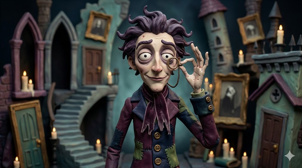 Um personagem de aparÃªncia gÃ³tica e caricata, com cabelos roxos e monÃ³culo, posa em um cenÃ¡rio fantÃ¡stico de miniaturas sombrias iluminadas por velas.