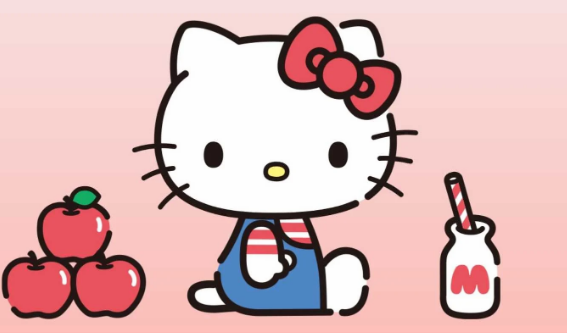 IlustraÃ§Ã£o de uma boneca estilo gatinho branco sentada com laÃ§o vermelho, roupa azul, ao lado de trÃªs maÃ§Ã£s e uma garrafinha de leite com canudo em fundo rosa suave.